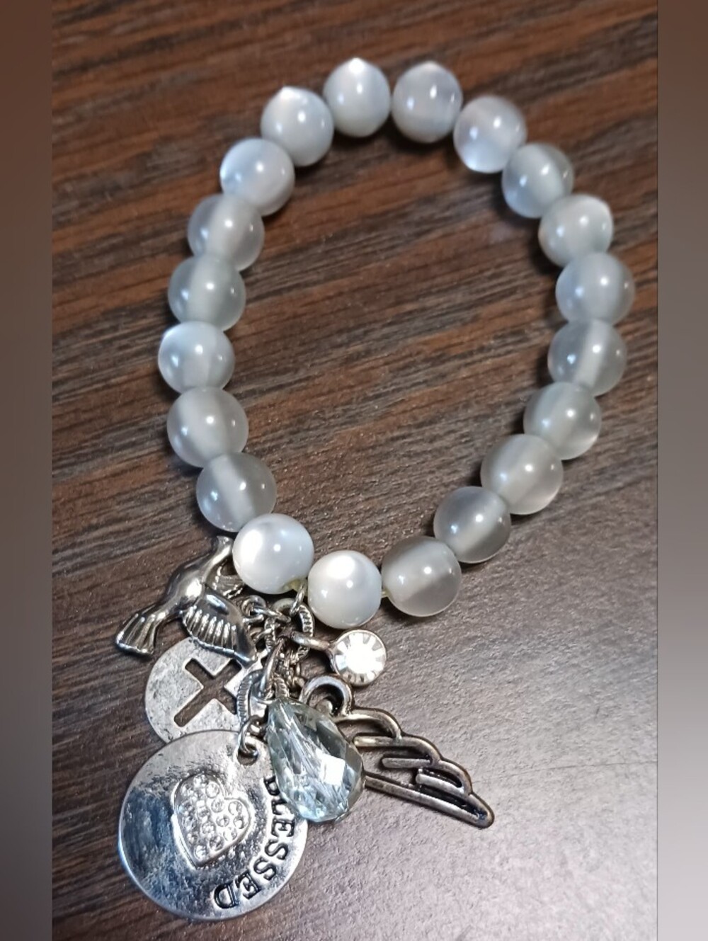 Lt Grey Beaded Blessed Charm Bracelet with Crystal Teardrop & 5 add'l Charms